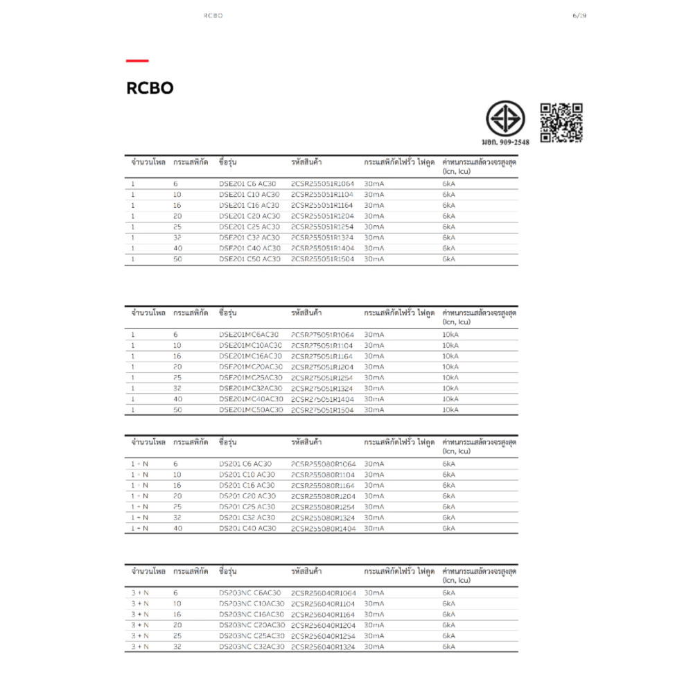 เบรกเกอร์กันดูด RCBO 6A 1 POLE + NEUTRAL 6KA TYPE AC ABB รุ่น DS201 C6 AC-30 (ตัดไฟรั่ว 30MA)_2